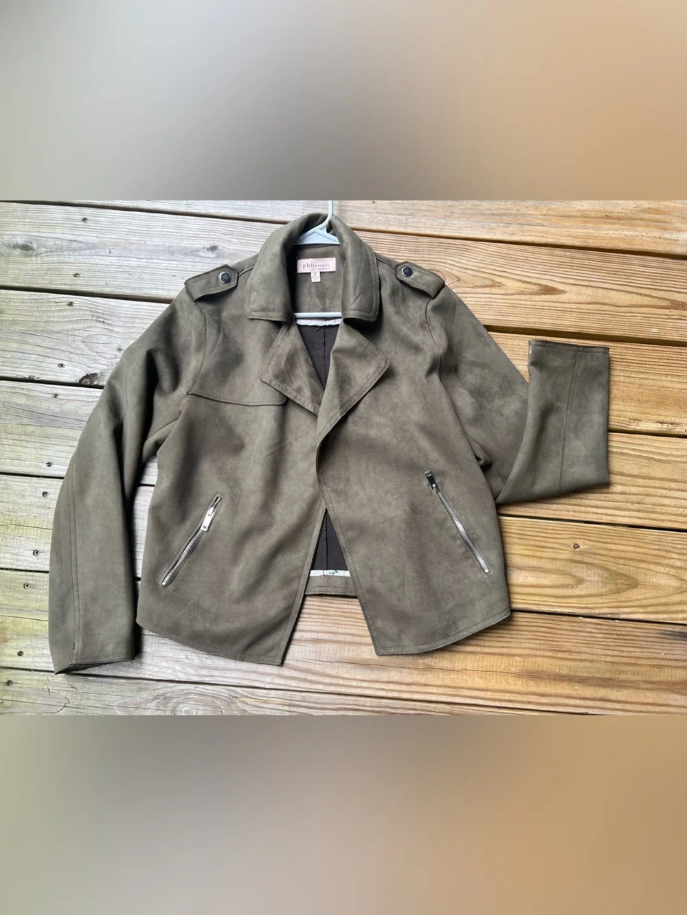 Philosophy Medium Olive Green Suede Moto Jacket - Picture 3 of 7